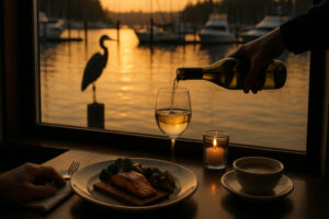 Waterfront dining scene showcasing fresh seafood and local cuisine at popular restaurants in Port Ludlow, Washington.