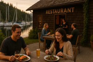 Waterfront dining scene showcasing fresh seafood and local cuisine at popular restaurants in Port Ludlow, Washington.