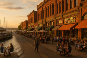 Waterfront dining scene showcasing fresh seafood and local cuisine at popular restaurants in Port Ludlow, Washington.