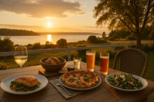 Waterfront dining scene showcasing fresh seafood and local cuisine at popular restaurants in Port Ludlow, Washington.