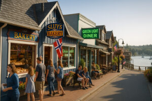 Waterfront dining scene showcasing fresh seafood and local cuisine at popular restaurants in Port Ludlow, Washington.