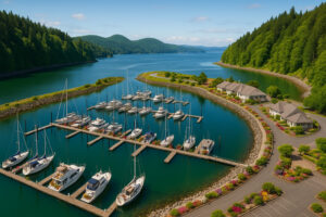 Sailboats docked at the peaceful Port Ludlow Marina surrounded by forested hills and calm blue water.