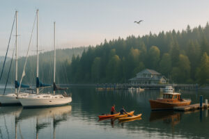 Sailboats docked at the peaceful Port Ludlow Marina surrounded by forested hills and calm blue water.