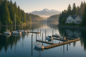 Sailboats docked at the peaceful Port Ludlow Marina surrounded by forested hills and calm blue water.