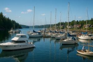 Sailboats docked at the peaceful Port Ludlow Marina surrounded by forested hills and calm blue water.