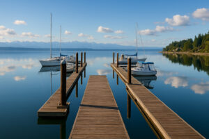Sailboats docked at the peaceful Port Ludlow Marina surrounded by forested hills and calm blue water.