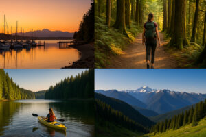 Hikers, kayakers, and nature lovers exploring forests, trails, and beaches during outdoor adventures in Port Ludlow, Washington.