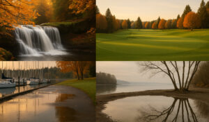 Sunny marina view and blooming coastal trails showing the best time to visit Port Ludlow during its vibrant spring and summer seasons.