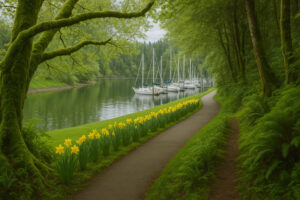 Sunny marina view and blooming coastal trails showing the best time to visit Port Ludlow during its vibrant spring and summer seasons.