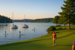 Sunny marina view and blooming coastal trails showing the best time to visit Port Ludlow during its vibrant spring and summer seasons.