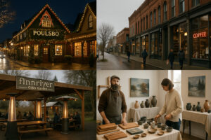 Sunny marina view and blooming coastal trails showing the best time to visit Port Ludlow during its vibrant spring and summer seasons.