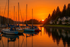 Sunny marina view and blooming coastal trails showing the best time to visit Port Ludlow during its vibrant spring and summer seasons.