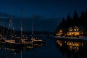 Sunny marina view and blooming coastal trails showing the best time to visit Port Ludlow during its vibrant spring and summer seasons.