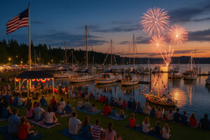 Sunny marina view and blooming coastal trails showing the best time to visit Port Ludlow during its vibrant spring and summer seasons.