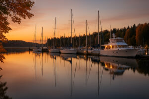 Sunny marina view and blooming coastal trails showing the best time to visit Port Ludlow during its vibrant spring and summer seasons.