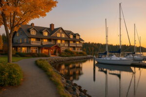 Sunny marina view and blooming coastal trails showing the best time to visit Port Ludlow during its vibrant spring and summer seasons.
