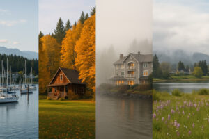 Sunny marina view and blooming coastal trails showing the best time to visit Port Ludlow during its vibrant spring and summer seasons.