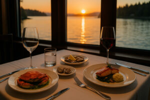 Sunny marina view and blooming coastal trails showing the best time to visit Port Ludlow during its vibrant spring and summer seasons.