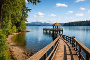 Sunny marina view and blooming coastal trails showing the best time to visit Port Ludlow during its vibrant spring and summer seasons.