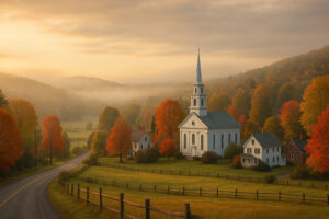 Generate a realistic 1920&times;1080 horizontal image without text on image ☀️ Weather & Best Time to Visit Vermont isn&rsquo;t defined by one season &ndash; it&rsquo;s a cycle of transformations. Knowing when to visit North Bennington depends on what kind of traveler you are: leaf-peeper, hiker, snow-lover, or caf&eacute;-dweller. For a detailed look at how each season transforms the local food scene, see our North Bennington Weather Guide for Food Lovers.