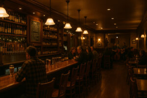 A cozy small-town dining scene capturing the warm, lively atmosphere found at places like Kevin’s Sports Pub Bennington.