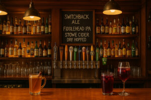 A cozy small-town dining scene capturing the warm, lively atmosphere found at places like Kevin’s Sports Pub Bennington.