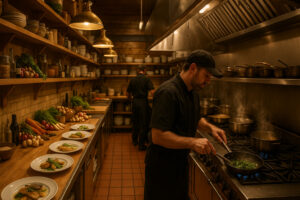 A cozy small-town dining scene capturing the warm, lively atmosphere found at places like Kevin’s Sports Pub Bennington.