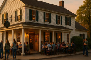 A cozy small-town dining scene capturing the warm, lively atmosphere found at places like Kevin’s Sports Pub Bennington.