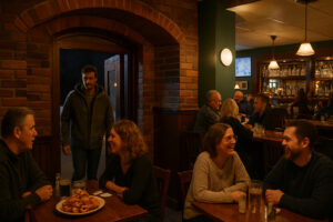 A cozy small-town dining scene capturing the warm, lively atmosphere found at places like Kevin’s Sports Pub Bennington.