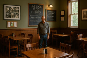 A cozy small-town dining scene capturing the warm, lively atmosphere found at places like Kevin’s Sports Pub Bennington.