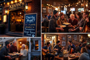 A cozy small-town dining scene capturing the warm, lively atmosphere found at places like Kevin’s Sports Pub Bennington.
