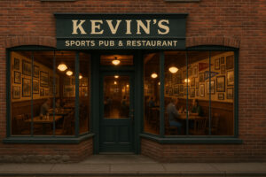 A cozy small-town dining scene capturing the warm, lively atmosphere found at places like Kevin’s Sports Pub Bennington.