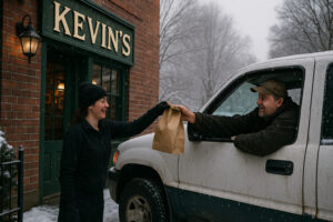 A cozy small-town dining scene capturing the warm, lively atmosphere found at places like Kevin’s Sports Pub Bennington.