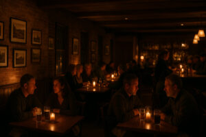 A cozy small-town dining scene capturing the warm, lively atmosphere found at places like Kevin’s Sports Pub Bennington.