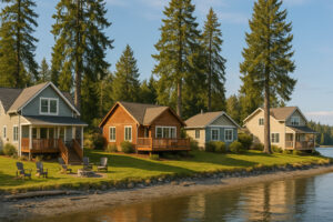 Scenic view of Port Ludlow Resort overlooking the marina, surrounded by lush forests and calm waters under a soft evening sky.