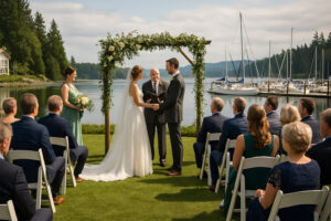 Scenic view of Port Ludlow Resort overlooking the marina, surrounded by lush forests and calm waters under a soft evening sky.