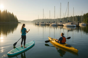 Scenic view of Port Ludlow Resort overlooking the marina, surrounded by lush forests and calm waters under a soft evening sky.