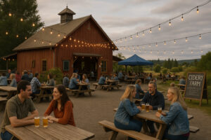 Scenic view of Port Ludlow Resort overlooking the marina, surrounded by lush forests and calm waters under a soft evening sky.