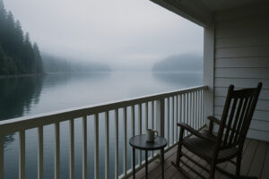 Scenic view of Port Ludlow Resort overlooking the marina, surrounded by lush forests and calm waters under a soft evening sky.