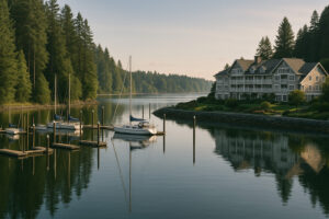 Scenic view of Port Ludlow Resort overlooking the marina, surrounded by lush forests and calm waters under a soft evening sky.