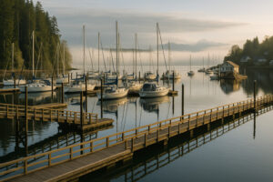 Scenic view of Port Ludlow Resort overlooking the marina, surrounded by lush forests and calm waters under a soft evening sky.