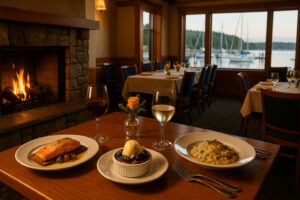 Scenic view of Port Ludlow Resort overlooking the marina, surrounded by lush forests and calm waters under a soft evening sky.