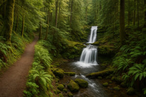 Scenic view of Port Ludlow Resort overlooking the marina, surrounded by lush forests and calm waters under a soft evening sky.