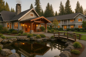 Scenic view of Port Ludlow Resort overlooking the marina, surrounded by lush forests and calm waters under a soft evening sky.