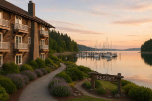 Scenic view of Port Ludlow Resort overlooking the marina, surrounded by lush forests and calm waters under a soft evening sky.