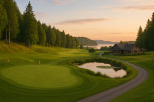 Scenic view of Port Ludlow Resort overlooking the marina, surrounded by lush forests and calm waters under a soft evening sky.