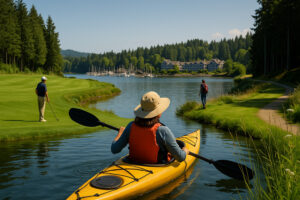 Scenic view of Port Ludlow Resort overlooking the marina, surrounded by lush forests and calm waters under a soft evening sky.