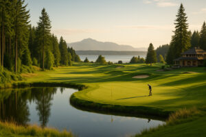 Scenic view of Port Ludlow Resort overlooking the marina, surrounded by lush forests and calm waters under a soft evening sky.