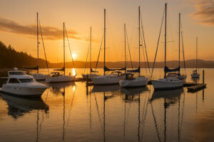 Scenic view of Port Ludlow Resort overlooking the marina, surrounded by lush forests and calm waters under a soft evening sky.