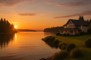 Scenic view of Port Ludlow Resort overlooking the marina, surrounded by lush forests and calm waters under a soft evening sky.